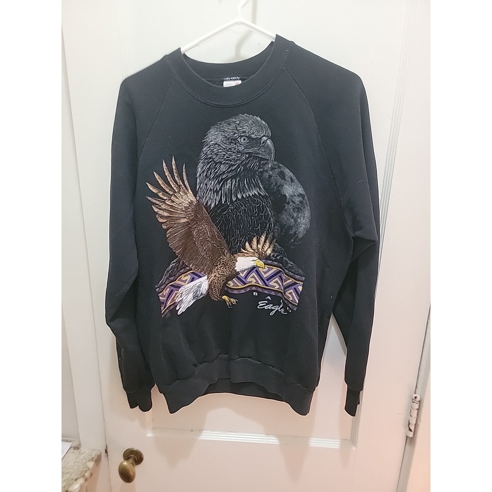 Vintage Jerzees Sweatshirt Mens XL (Fits Like L)  Black Bald Eagle Graphic USA